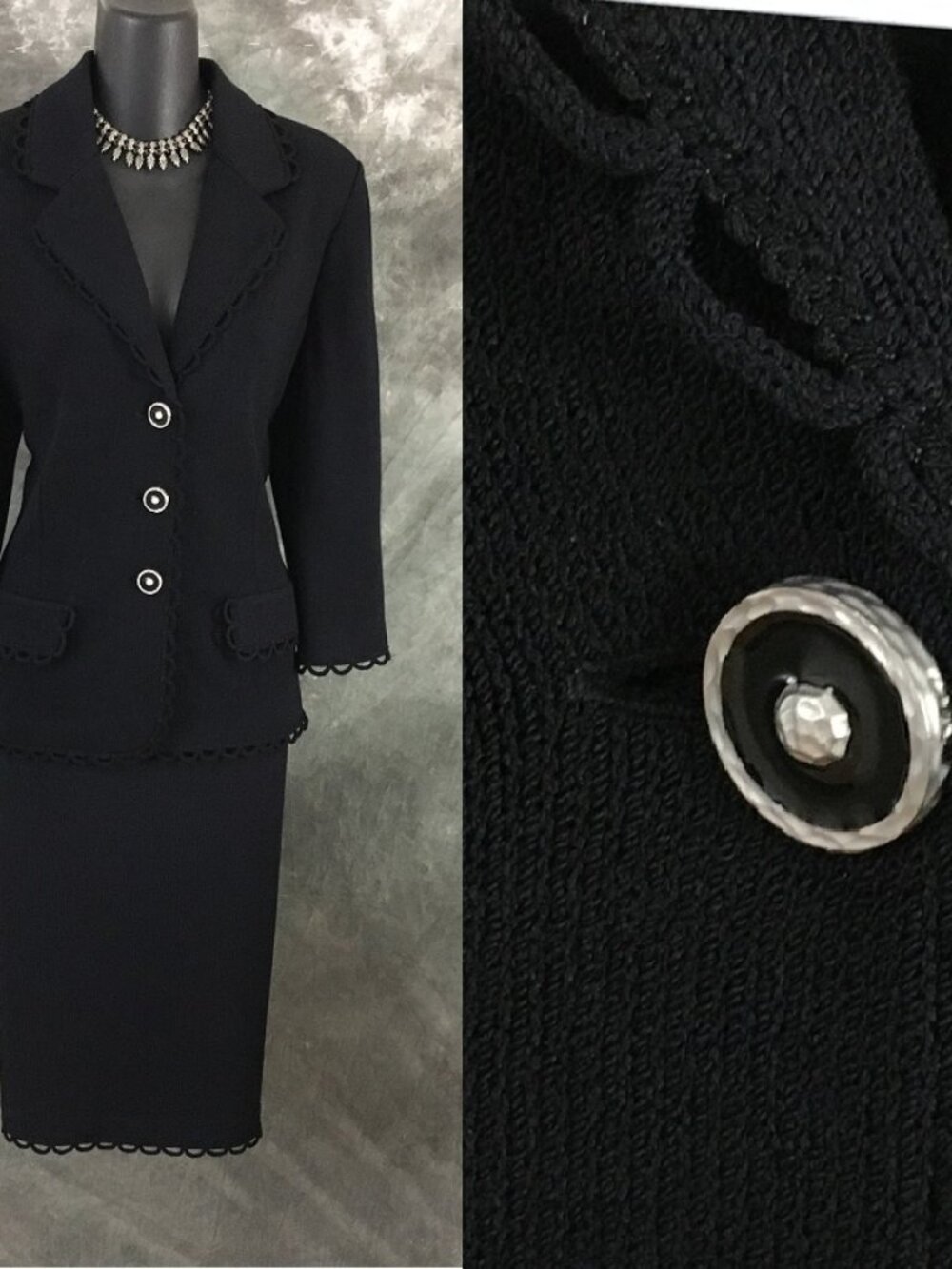 BEAUTIFUL St John collection knit black jacket skirt suit size 10
